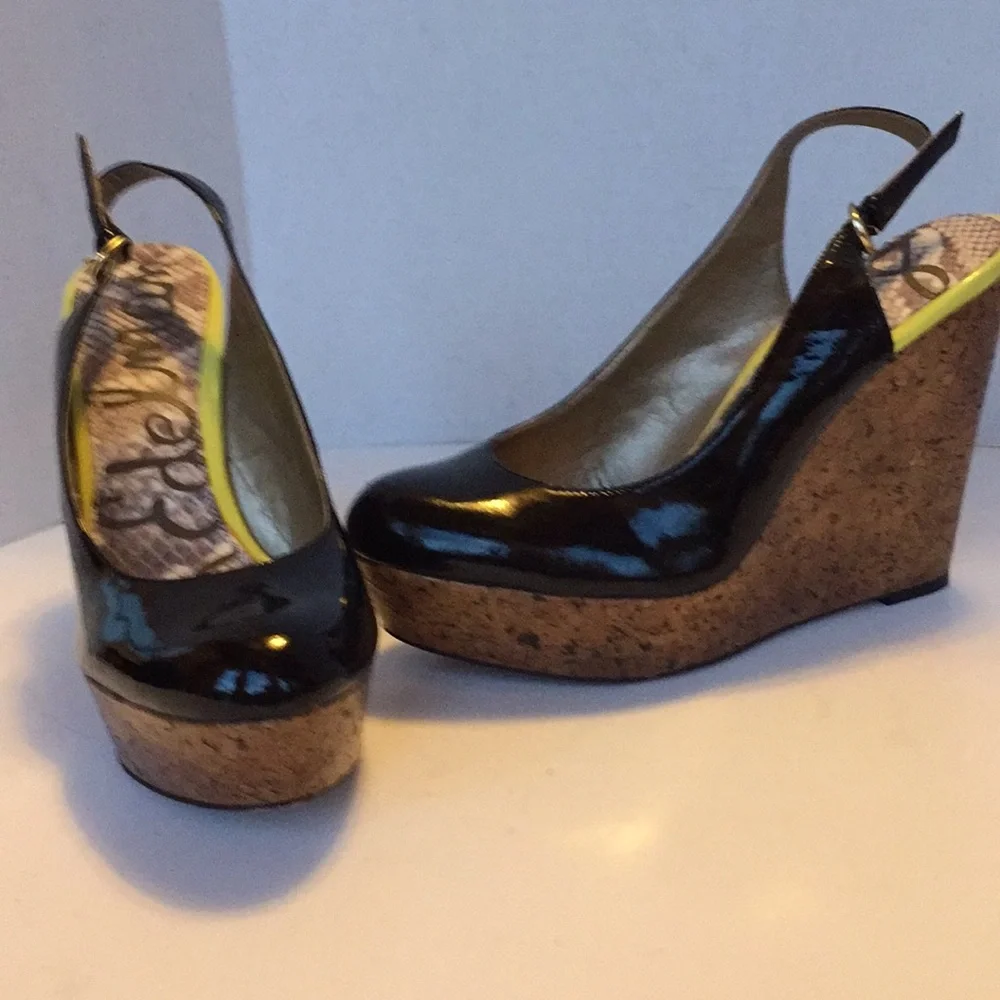 Sam Edelman ‘Mallory’ black yellow patent platform wedges